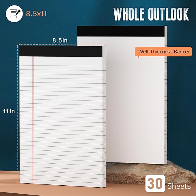 White Legal Note Pads 8.5''x 11'', 6 Pack Legal Paper Note Pads, Micro Perforated Wide Ruled Lined Writing Pads 30 Sheets/60 Pages for Home Office School Work Legal Notepads Double-Side Printed Per