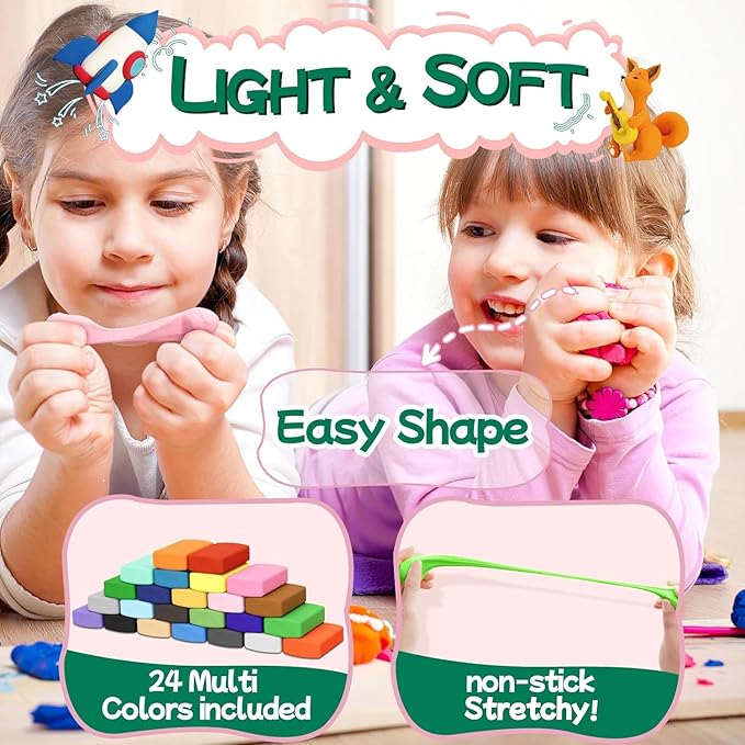 Chico Land 24 Colors Air Dry Clay, Gift for Boys & Girls Age 4+ Year Old, DIY Model Modeling Clay kit for Kids, with Sculpting Tools, Storage Bags, Kids Art Crafts