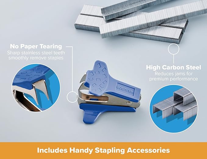Bostitch Office Heavy Duty 40 Sheet Stapler with 1250 Staples & Claw Remover, Small Stapler Size, Fits into The Palm of Your Hand, Value Pack, Blue (B175-BLUE-VP)