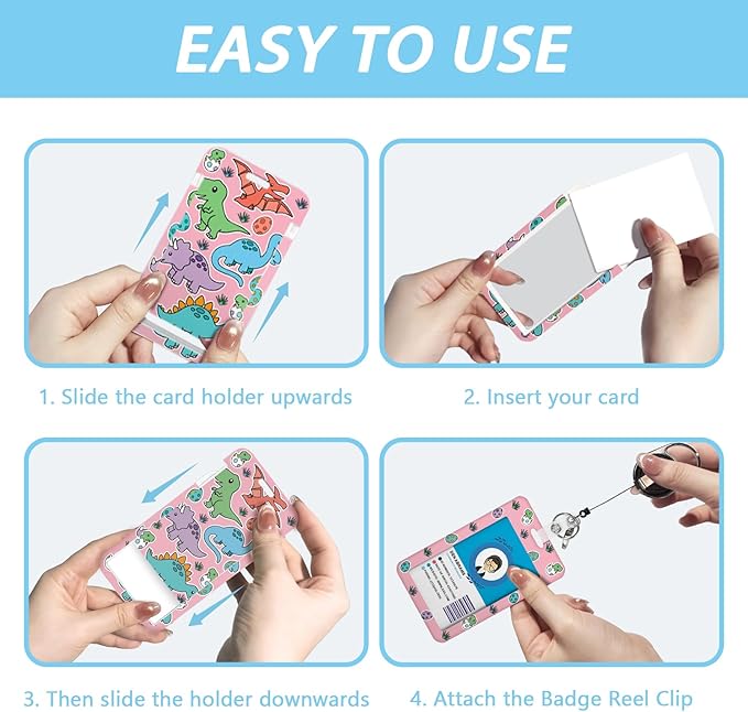 Cartoon Dinosaur Badge Reel Retractable Heavy Duty with 360° Swivel Carabiner Clip,Cute ID Badge Holder with Detachable Lanyard, ID Card Holder Keychain Name Badge Clip, Nurse Teacher Gifts