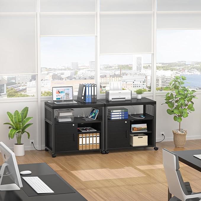 Unikito Lateral File Cabinet, Locking Office Filing Cabinets with Socket and USB Charging Port, Modern Rolling Printer Stand with Storage for A4, Letter Size and File Folders, Black