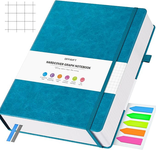 Graph Paper Notebook, 312 Numbered Pages Large A5 Hardcover Leather Journal, 100gsm No Bleed Grid Paper Notebook with Index Pages, Grid Notebook for Graphing Notes Math, 5.75" x 8.38", Blue