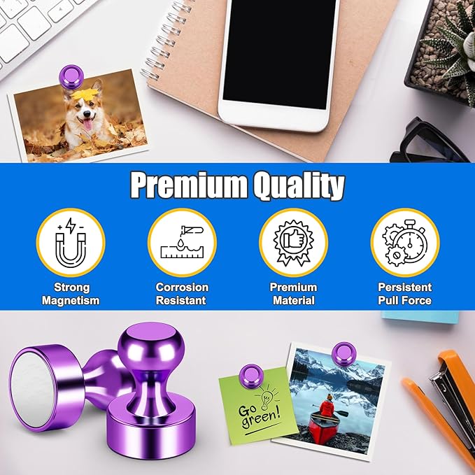 Strong Whiteboard Magnets, Small Magnetic Push Pins, Purple Metal Fridge Magnets, Magnetic Clips Heavy Duty for Office, Gadgets, Locker Accessories, Desk Accessories, Pack of 56