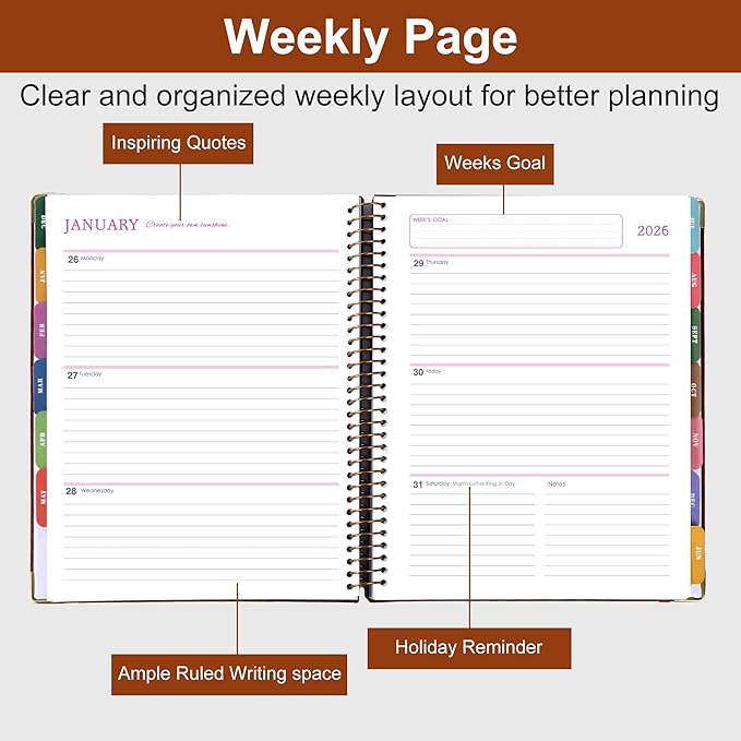 2026 Planner, Weekly and Monthly Calendar Planner Book,Dec 2025 - Dec 2026, Leather Hardcover Spiral Planner with Monthly Tabs, Notes Pages, Perfect for Women & Men, A4 (9.6" x 11.2") - Brown