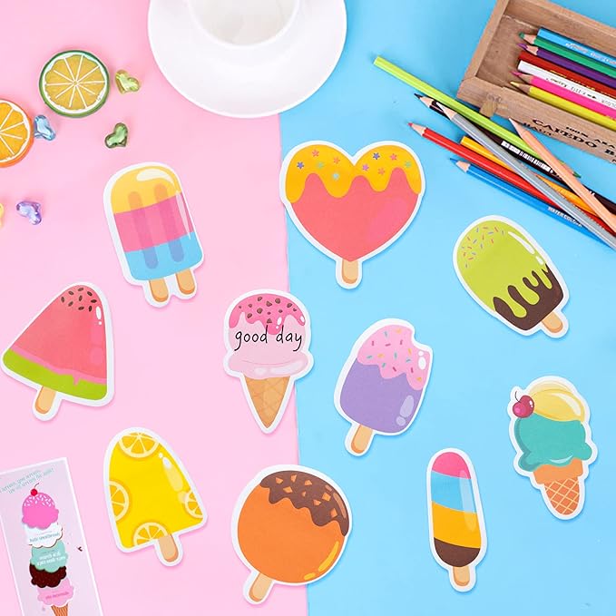 Xqumoi 30 Pack Ice Cream Sticky Notes, Total 600 Sheets, Assorted Summer Fruit Popsicle Sticks Self Sticky Memo Pads for Office School Student Kids Class Birthday Party Favors Goodies Bag Fillers