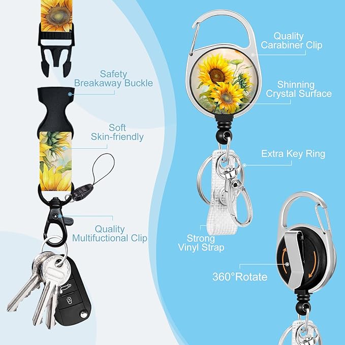 Gctriki ID Badge Holder with Breakaway Lanyard, Aesthetic Sunflower Lanyard for Keys，Retractable Badge Reel Clip, Teacher Lanyards for ID Badges Card Holder, Nurse Teacher Workers Women Office Gifts