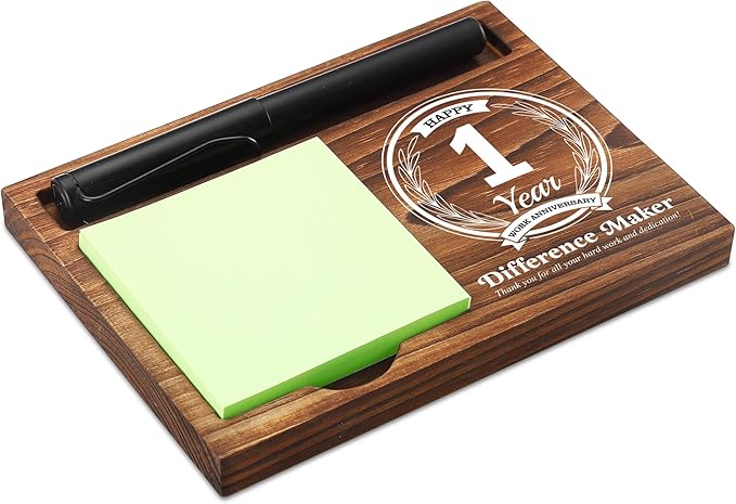 1st Work Anniversary Sticky Note Holder Wooden Notepad & Pen Holder 6.5" x 4.7" Sticky Note Pad Holder Dispenser for Desk Difference Maker Work Appreciation Gifts, NPA226