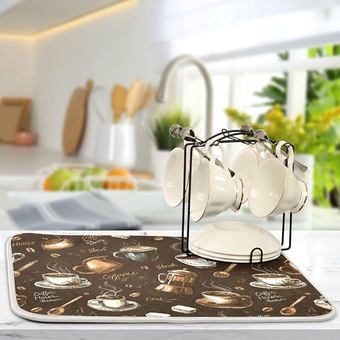 Coffee Beans Dish Drying Mat for Kitchen Counter 16 x 18 Inch Absorbent Microfiber Dry Dishes Mats Drainer Mat Dish Drying Pad for Countertops
