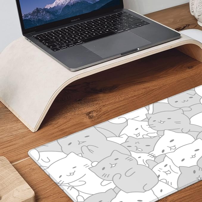 White Kawaii Cats E-Sport Mouse Pad Large Desk Mat Non-Slip Rubber Base Stitched Edge Keyboard Mouse Pad for Office Home E-Sport Computer Laptop, 31.5×11.8 Inches
