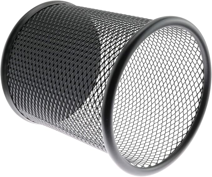 1-Pack Mesh Pen Holder Round Shape Pencil Container Multipurpose Metal Hollow Out Desktop Storage Organizer for Student Stationery Office Supplies(Black)