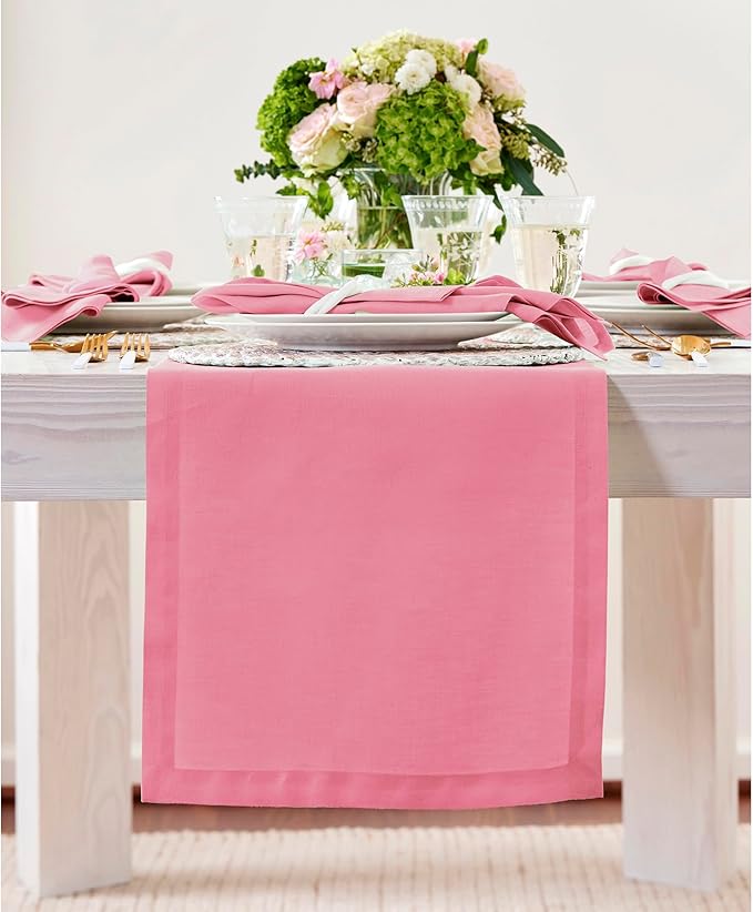 Solino Home Linen Table Runner 120 Inches Long - 100% Pure Linen Pink Carnation Table Runner 14 x 120 Inch - Fete