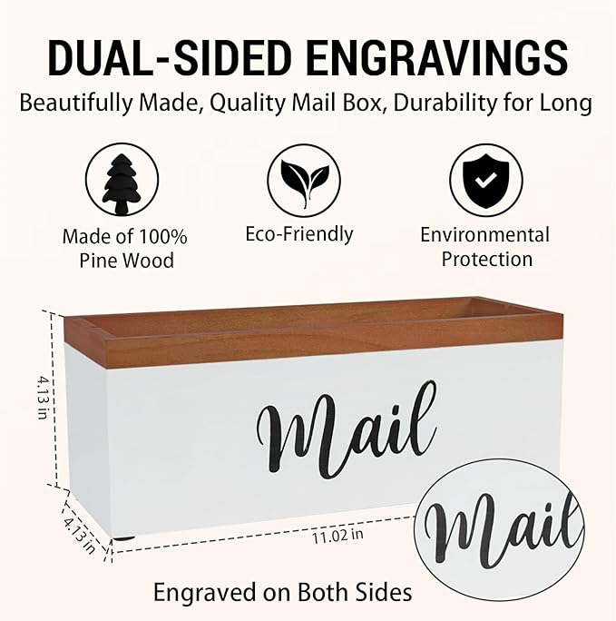 100% Real Wood Mail Organizer for Countertop, Dual-Sided Mail Script Design, Mail Holder for Office, Desk, Entryway Table, Rustic Farmhouse Style, Great Home Decor Gifts