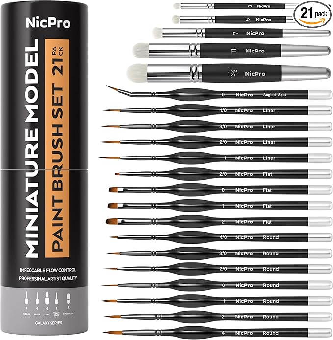 Nicpro Miniature Paint Brushes Drybrush - 21PCS Model Paint Brush Set for Acrylic Oil Watercolor, Detail Paint Brush Dry Brush for Model, Miniature Painting, Paint by Numbers, Craft - with Container