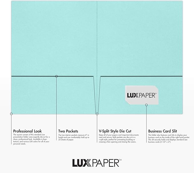 LUXPaper 9" x 12" Presentation Folders | Two Pocket | Seafoam Blue | 100lb. Cover | 10 Qty