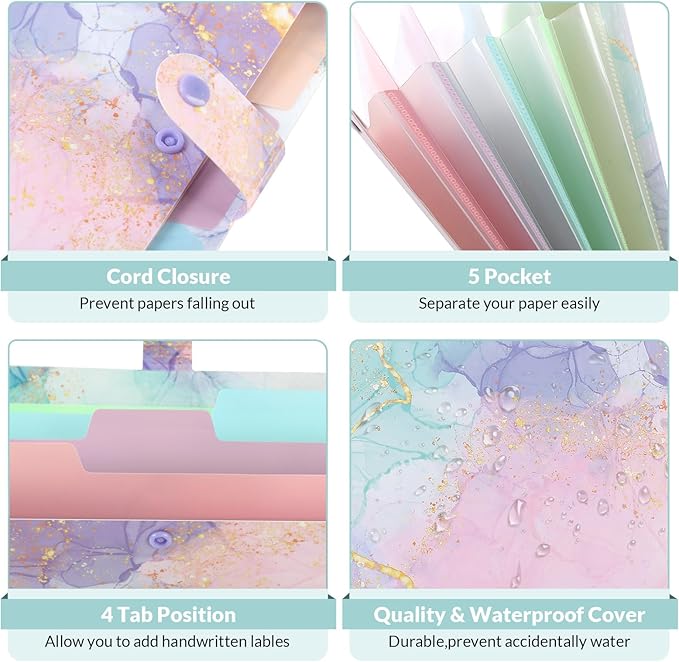 SKYDUE Expanding File Folder with 5 Pockets, Cute Accordion File Organizer, Letter Size Filing Folder, Letter Size Folders for Documents, School Office Supplies Marble Pink