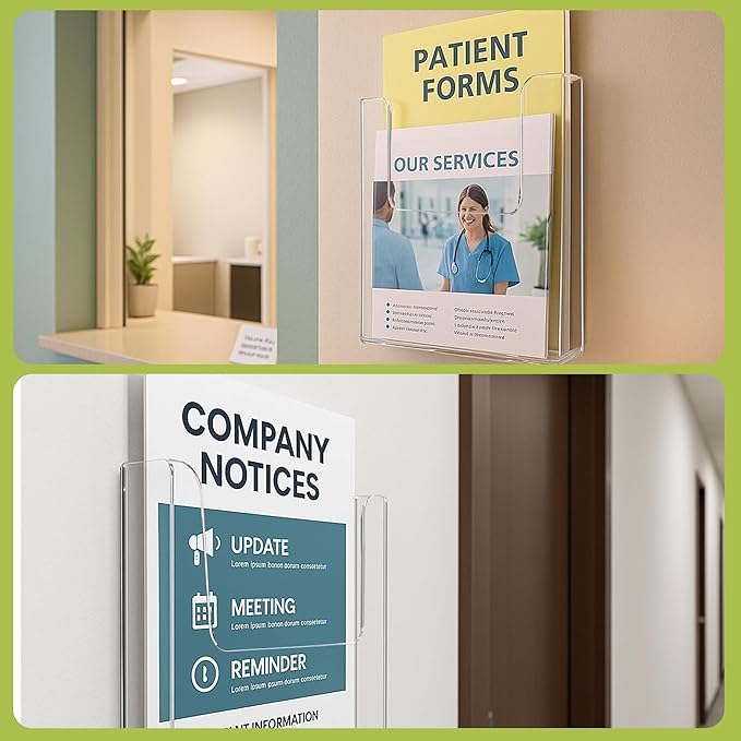 Acrylic Brochure Holder for Wall Mounting, Clear Display for 8.5" x 11" Flyers, Literature Holder for Magazines, Pamphlets, Menus, Includes Screws & Plastic Anchors – Pack of 20