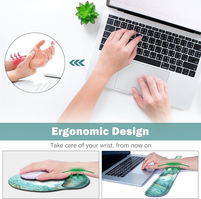 ARTSO Large Mouse Pad Set, Ergonomic Keyboard Wrist Rest Support, Memory Foam Gel Extended Non-Slip Desk Blotter Pad for Office, Home, Teal Turqoise Marble