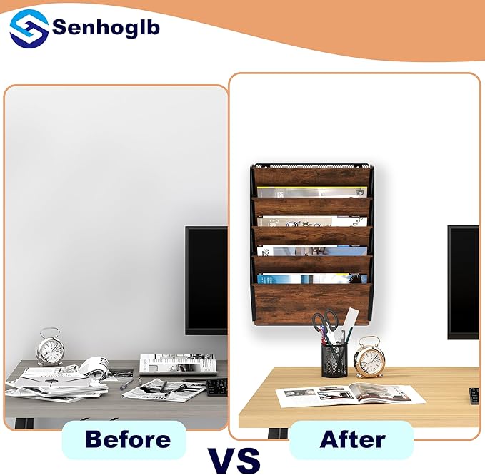 Metal Wall File Holder Organizer, 5-Tier Mesh Hanging Wall File Organizer, Magazine Rack With Pockets, Wood Document Holder for Office Home, Brown