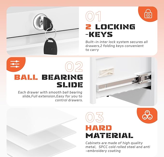 INTERGREAT 4 Drawer File Cabinet, White Lateral File Cabinet with Lock, 36" W Metal Office Filing Cabinet with Adjustable Frame for Legal, Letter, A4 Files