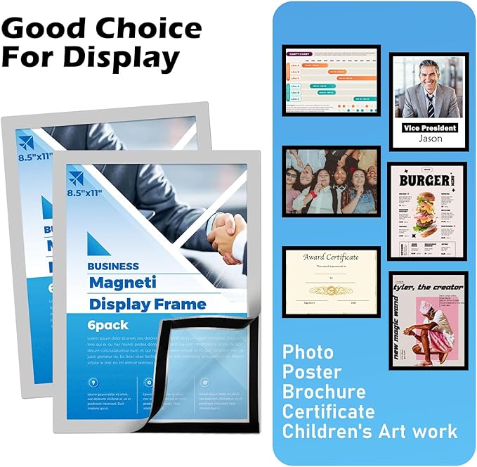 Magnetic Sign Holder - 8.5×11" Wall Mounted Self-Adhesive Magnetic Paper Holder, Transparent Wall Display Picture Frame with Silver Edge, Suitable for Office, Store, Mall, Home (8.5"x11" 12pack)