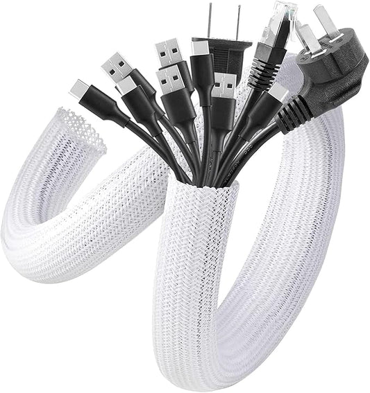 AGPTEK Cable Sleeve Cover, 2Pack 5ft - 1.6 inch Desk Cord Organizer Cable Hider, Home Office Wire Management Computer TV Wire Loom Tubing, Pet Proof Cord Protector, from Cat Dog Chewing, White