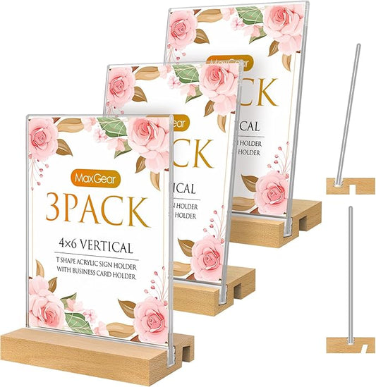 MaxGear L/T Shape Acrylic Sign Holder, 4 X 6 Clear Table Display Stand with Wooden Base, Flyer Menu Holder Photo Frames Paper Stand for Office, Wedding, Restaurants, Hotels 3 Pack
