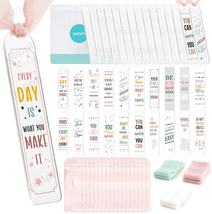15 Pieces Acrylic Bookmark Blanks (3mm) Thicken Bookmark Making Kit with 20 Pcs Inspirational UV DTF Sticker, 15 Pcs Ribbon, Suitable for DIY Your Crafts Gifts
