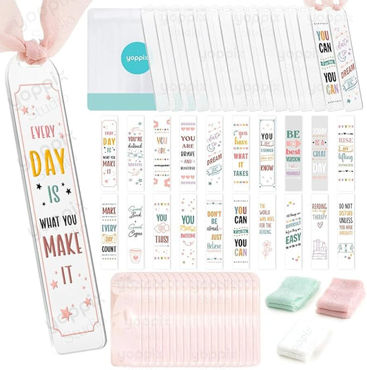 15 Pieces Acrylic Bookmark Blanks (3mm) Thicken Bookmark Making Kit with 20 Pcs Inspirational UV DTF Sticker, 15 Pcs Ribbon, Suitable for DIY Your Crafts Gifts