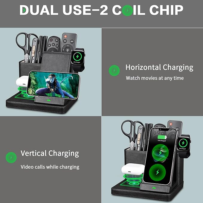 Desk Organizer with Phone Charger,Nightstand Desktop Organizer,Office Supplies Desk Accessories,Pen Holder Remote Control Holder,Black Leather Organizer With Charging Station (black)