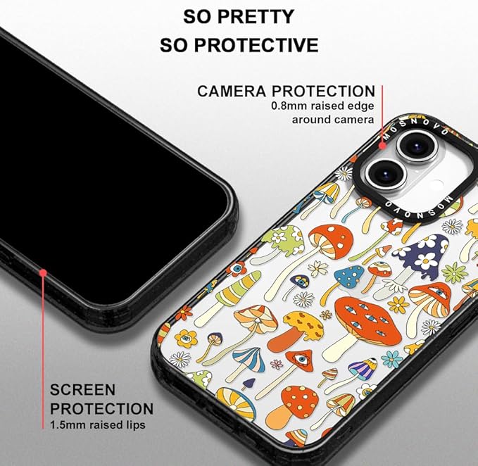 MOSNOVO Case for iPhone 16 Plus, [10ft 4X Military-Grade Drop Protection] Durable & Shockproof Phone Case Cover Design for iPhone 16 Plus - Mushroom Art - Clear Black
