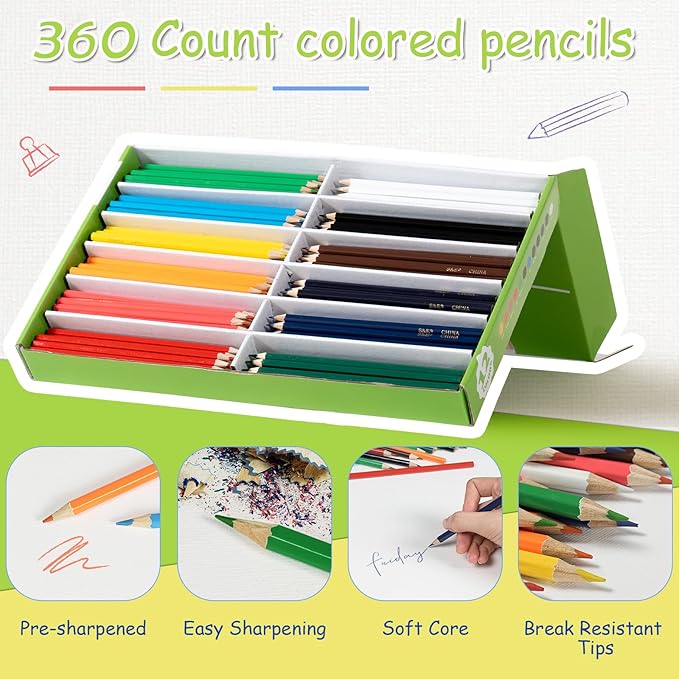 S & E TEACHER'S EDITION Colored Pencils 360Pcs,Coloring Pencils Set for Adults Kids Drawing Pencils for Sketch, Woodcase Lead,Wooden Colored, Back to school Christmas Gifts