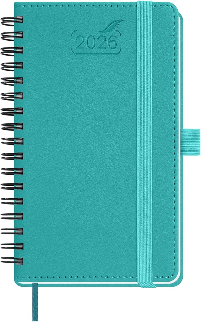 BEZEND Pocket Calendar 2026 Weekly and Monthly (3.5" x 6" Spiral) Small Daily Planner for Purse (Jan-Dec) with Notes & Expenses, Inner Pocket, Pen Holder, Vegan Leather Softcover - Turquoise