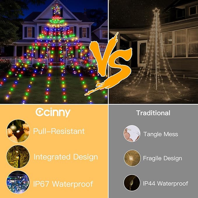 Christmas Tree Lights 340LED with Topper Star, IP67 Waterproof Remote Control Waterfall Lights with Pole, 16 Modes 3 Timers Dimmable Christmas Decorations for Outdoor Yard (Multicolored)