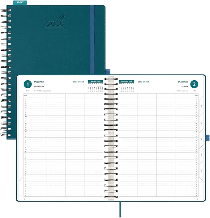 BEZEND Appointment Book 2026 Daily Planner, Quarter-Hourly in 4 Columns (Large-8.25" x 11.75") Page per Day Even Weekend, Monthly View with Tab & Weekly Schedule, PU Leather Softcover in Dark Green