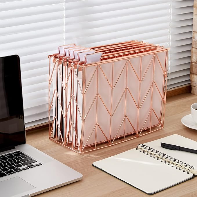 Y YOMA 6 Pack Rose Gold Hanging File Folders with Pocket Letter Size Decorative File Folder Cute Pretty Hanging Folder for Office Home School with 1/5-Cut Adjustable Tabs, Inner Storage Pockets