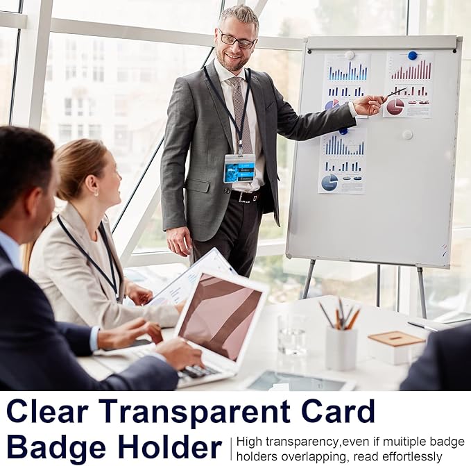 Marspark 50 Sets Clear Name Tags with Lanyard, Lanyards for ID Badges Reusable Strap with ID Holder Plastic Name Badges for Adults Business School Church Conference (Dark Blue)