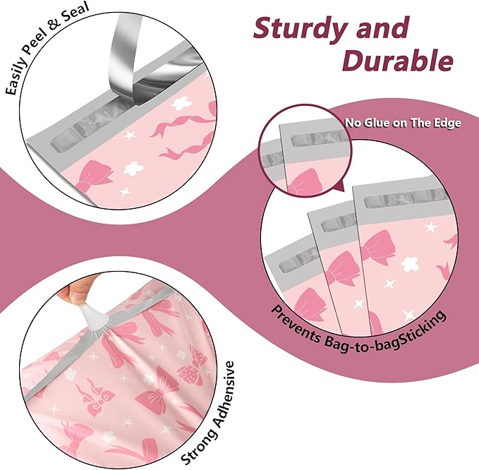 Poly Mailers 12x15.5 Inch 50 Pcs - Pink Bow printed Shipping Bags, 2.4mil Thickness, Waterproof and Tear Resistant Mailing Envelopes, Self-Sealing Packaging Bags for Small Business