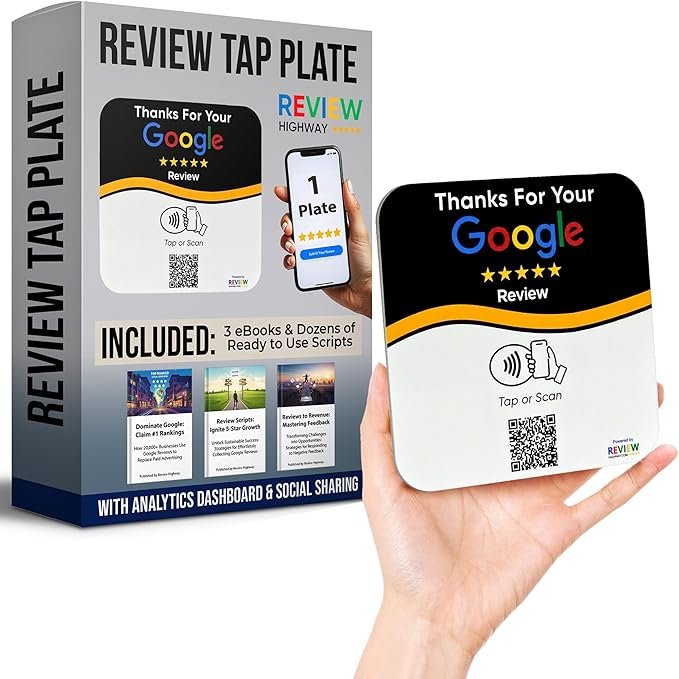 NFC Tap Plate (1-Pack) by Review Highway - Compatible with Google Reviews - NFC Tap & QR Scan for Instant Reviews - Boost SEO - iPhone/Android Compatible - Reusable and Zappy Fast (1 Plate)