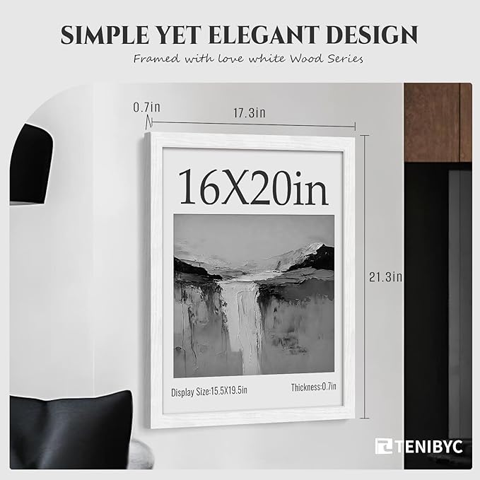 16x20 Frame 4 Pack - White, HD Tempered Glass, Wood Poster Frame, Display 16 x 20 Photos, Posters, and Puzzles, Gallery Wall Hanging