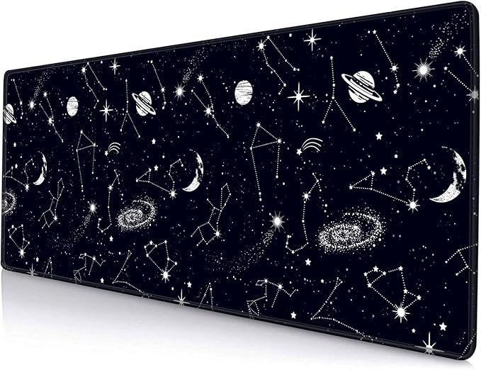 Large Gaming Mouse Pad with Stitched Edges, Black Constellation Desk Mat Extended Keyboard Pad, Non-Slip Rubber Base Desk Pad for Keyboard and Mouse, 31.5X11.8 inch, Sun and Moon