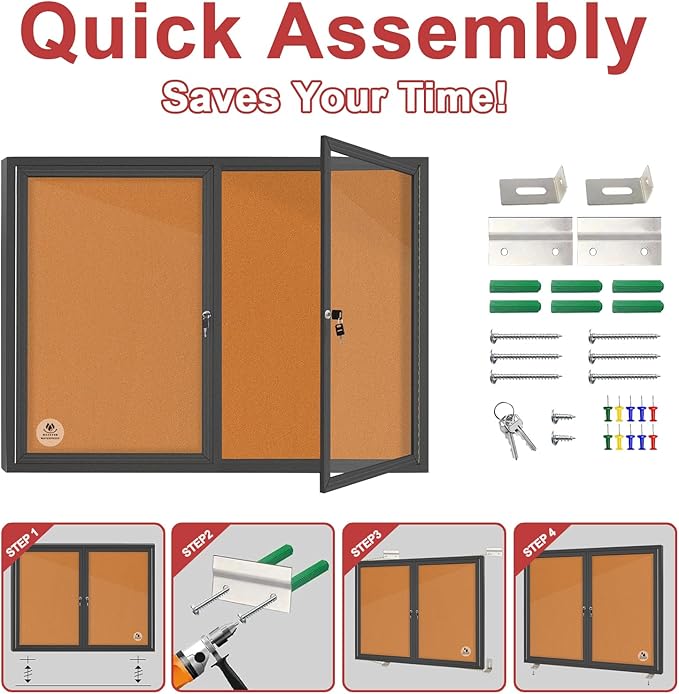 Lockable Outdoor Enclosed Bulletin Board,Weatherproof Cork Noticeboard with Locking Door, Wall-Mounted Aluminum Frame Display Case for Office, Home, School (Black Frame | Cork Surface, 44x32 inch)