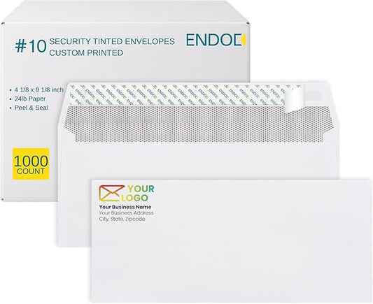 1000#10 Custom Printed Envelopes Self Seal, Security Tinted, #10 Custom Business Envelopes with Logo and Text, Peel and Seal Closure, Personalized Envelopes, White 24 lb Paper, 4 1/8 x 9 1/2 Inch