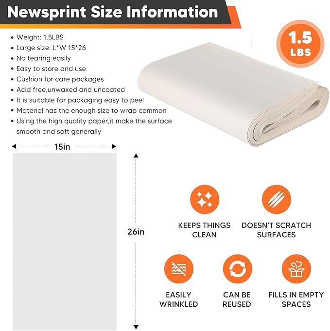 Newsprint Packing Paper for Moving Boxes, 26" x 15" Packing Boxes for Moving, Packaging, Shipping Supplies, 52 Sheets Newspaper Wrapping Material for Moving Essentials, Dishes Glassware Filler 1.5 lbs