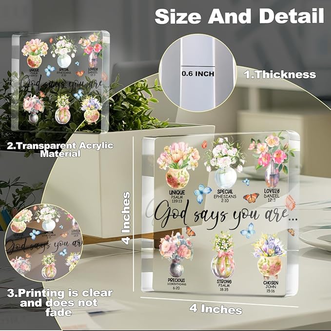 Inspirational Gifts for Women, God Says You Are, Flower Bible Verse Acrylic Sign, Bible Verse Christian Gifts, Positive Affirmation Desk Decorative Signs for Home Office Women Girsl Bedroom Decor