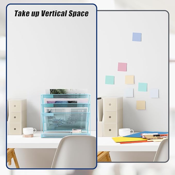 EASEPRES Desk File Organizer Mesh 4-Tier, Hanging Wall Mount Document Organization Stand, Desktop Vertical Mail Paper Folder Holder Rack with Bottom Tray for Office Home Cubicle Countertop, Blue