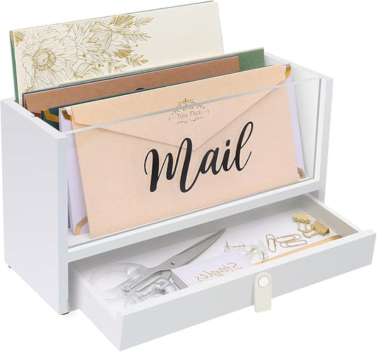 Two-Layer Solid Wooden Mail Storage Organizer Holder with Clear Acrylic Top and Bottom Drawer, Leather Handle, Keeping Mail, Bills, Letters, Cards and Office Supplies in One Place, Home Decor Gifts
