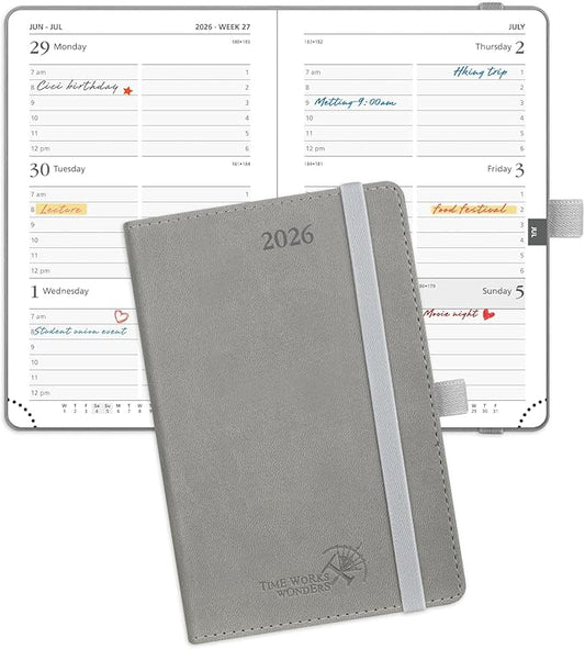 POPRUN Pocket Calendar 2026 (Small Size- 4'' x 6.25") Weekly and Monthly for Purse - Planner 2026 (Jan. 2026 - Dec. 2026) with Vegan Leather Soft Cover, Plastic Ruler, Pen Holder and More - Grey