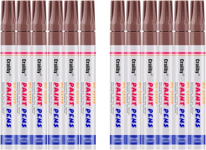 Brown Paint Markers, 12 Pack Oil-Based Waterproof Quick Dry Permanent Paint Pen Set for Rocks Painting, Wood, Fabric, Plastic, Canvas, Glass, Mugs, Metal, Tire, Stone, DIY Craft