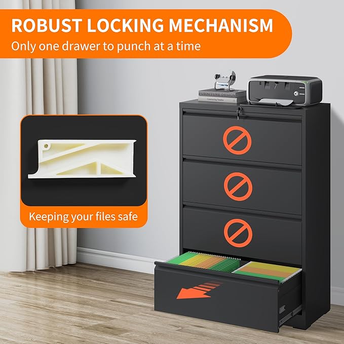 Locking File Cabinet with 4 Drawer Heavy Duty Large Metal Filing Cabinet Home Office Lateral File Cabinets Wide Steel Cabinets for Legal/Letter Size,Assembly Required