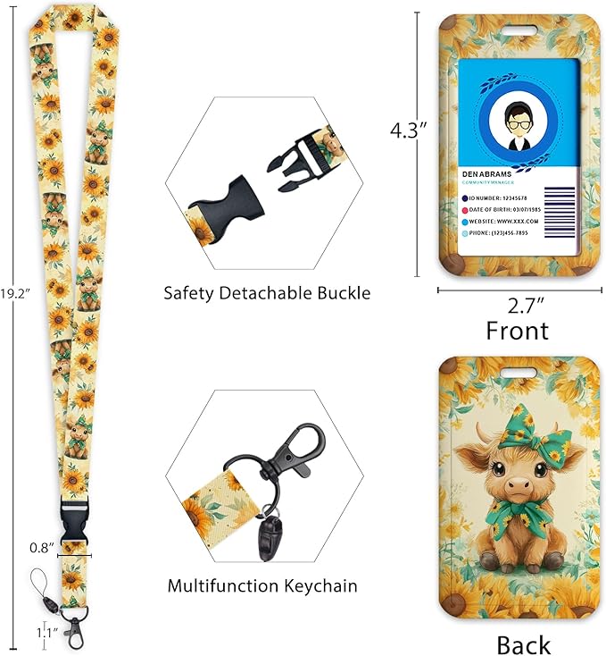 Gctriki Highland Cow Lanyards for ID Badges, Sunflower Cow id Holder with Lanyard, Cute Retractable Badge Reel Clip Keychain Name Tag Protector for Women Nurse Teacher Student Workers Office Gifts